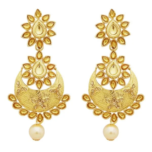 Christmas earrings for women-Jheel Kundan Stone Gold Plated Pearl Drop Dangler Earrings - 2900222A