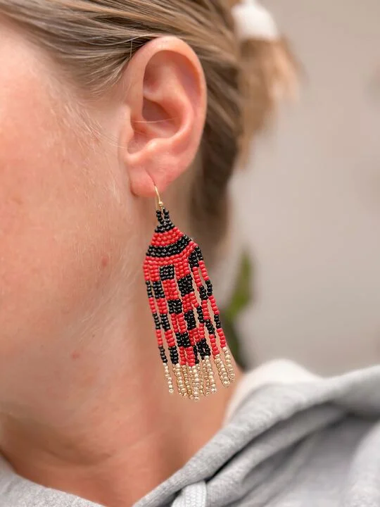 stylish earrings for women-Game Day Seed Bead Fringe Dangle Earrings - Red & Black