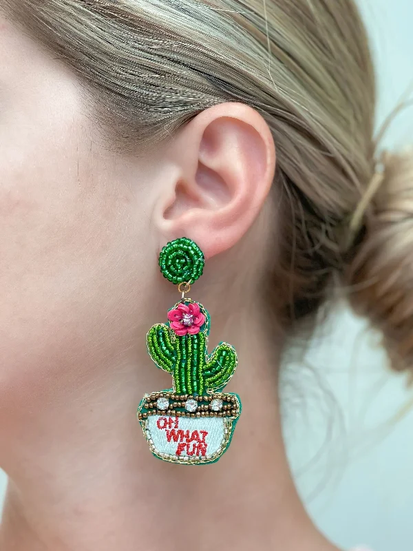 opal earrings for women-Potted Flower Cactus Beaded Dangle Earrings