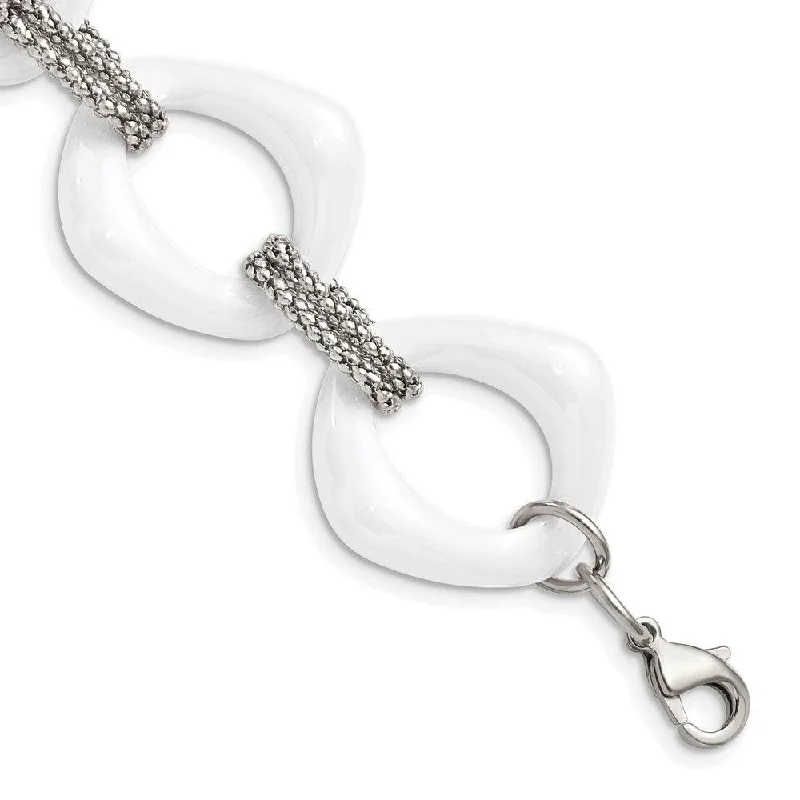 birthstone bracelets for women-Stainless Steel White Ceramic Link Bracelet