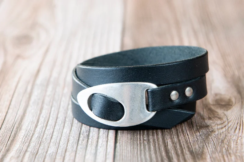 custom bangles for women-Personalized Leather Wrap Bracelet, Engrave Custom Words , Handmade, Black Leather