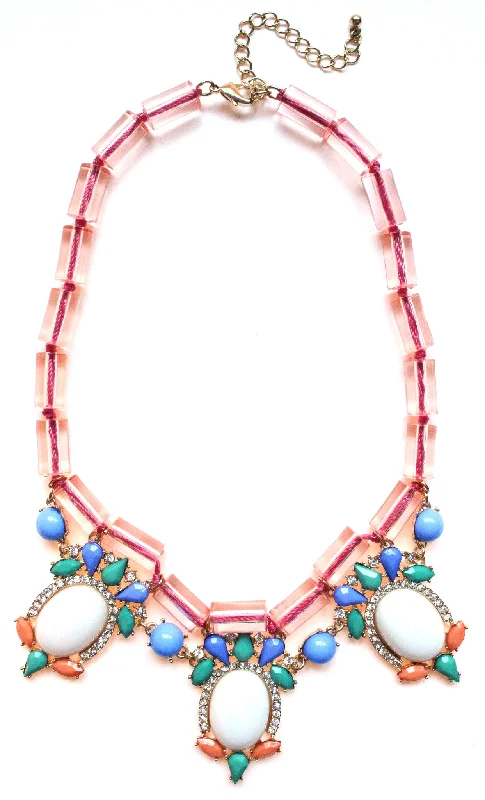 affordable silver necklaces for women-Colorful Beaded & Jeweled Statement Necklace- Pink & White