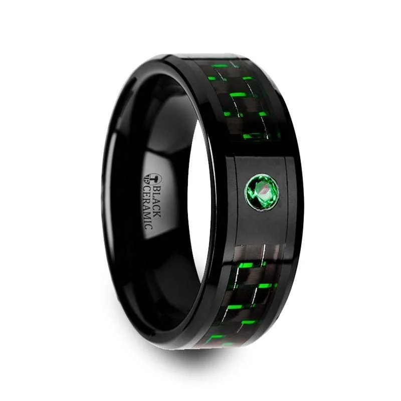 anniversary bands for women-BONO Ceramic Ring With Black And Green Carbon Fiber And Green Emerald Setting - 8mm