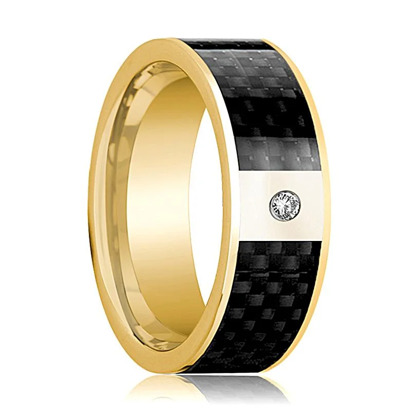 elegant rings for women-Flat Polished 14k Yellow Gold and Diamond Men's Wedding Band with Black Carbon Fiber Inlay - 8MM