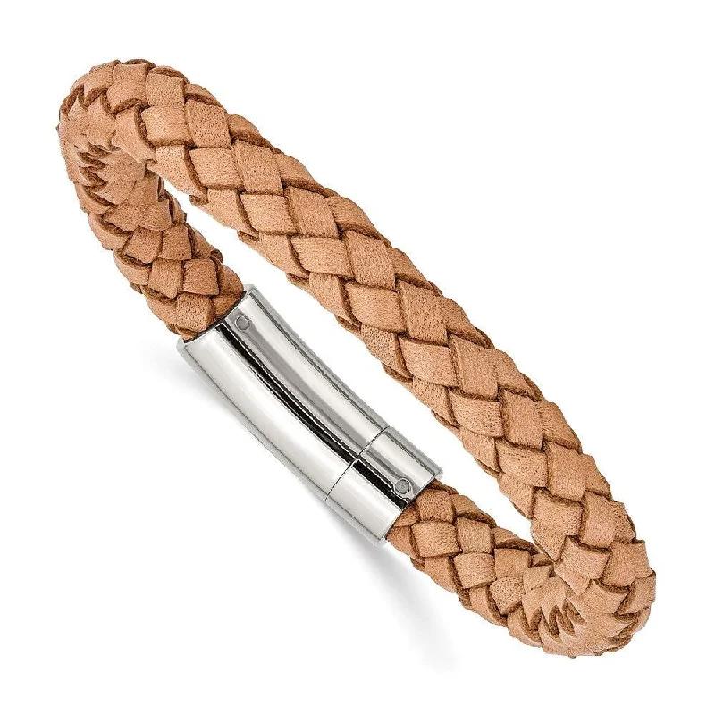 elegant wedding bangles for women-Stainless Steel Light Tan Leather 8.5in Bracelet