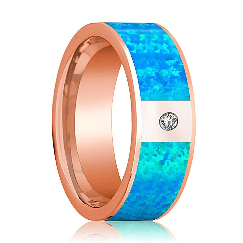 exclusive engagement rings for women-Flat Polished 14k Rose Gold Men's Wedding Band with Blue Opal Inlay and Diamond in Center - 8MM