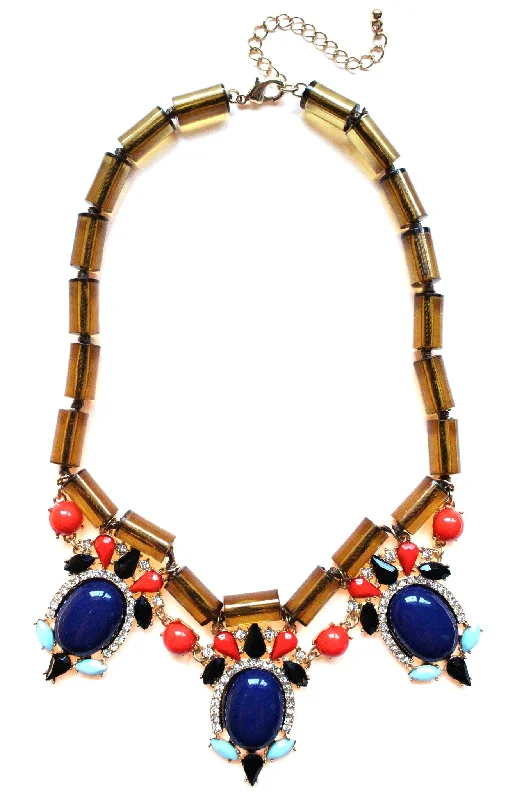 colorful gemstone necklaces for women-Colorful Beaded & Jeweled Statement Necklace- Brown & Navy