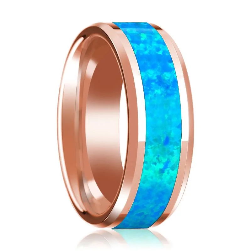 ruby engagement rings for women-Blue Opal Inlaid Men's 14k Rose Gold Polished Wedding Band with Bevels - 8MM