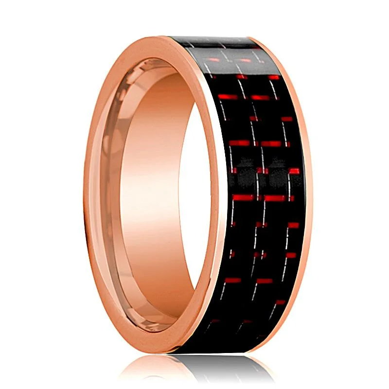 affordable wedding bands for women-Flat Polished 14k Rose Gold Men's Wedding Band with Black and Red Carbon Fiber Inlay