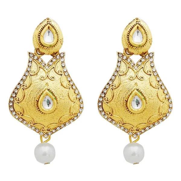 diamond stud earrings for women-Jheel Austrian Stone Gold Plated Pearl Drop Dangler Earrings - 2900246B