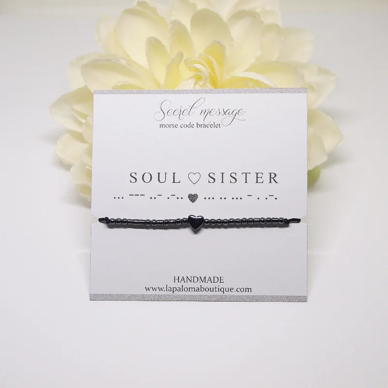 stretch bracelets for women-Soul sister morse code bracelet with heart