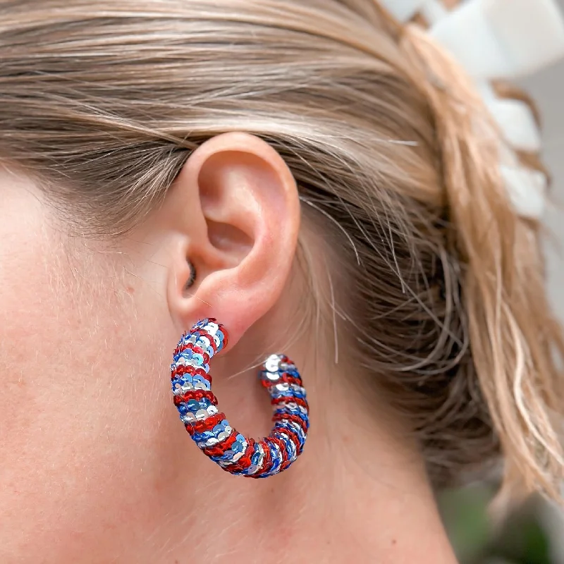 red gemstone earrings for women-Patriotic Sequin Hoop Earrings