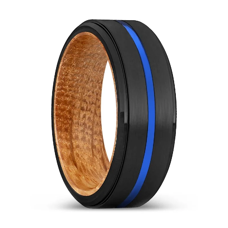 contemporary rings for women-AURA | Whiskey Barrel Wood, Black Tungsten Ring, Blue Groove, Stepped Edge