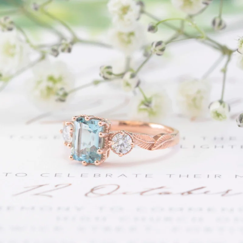 luxury gemstone rings for women-Emerald-cut Aquamarine Leaf Ring