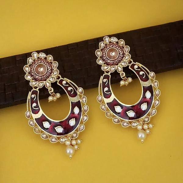 diamond and gold earrings for women-Kriaa Maroon Meenakari Gold Plated Kundan Dangler Earrings - 1316327I