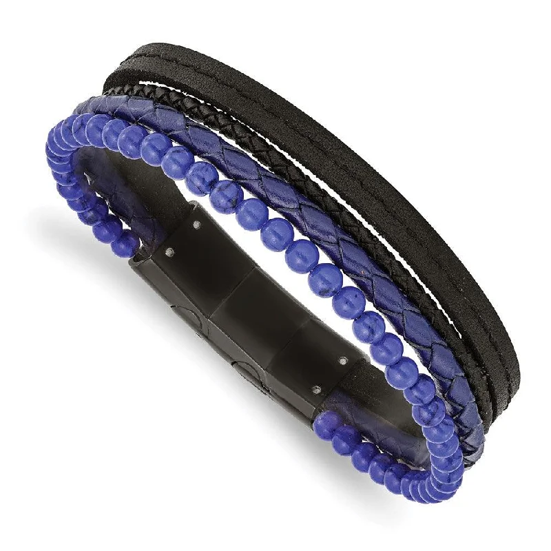 classic bangles for women-Stainless Steel Polished Black IP with Lapis Leather w/.5in ext Bracelet