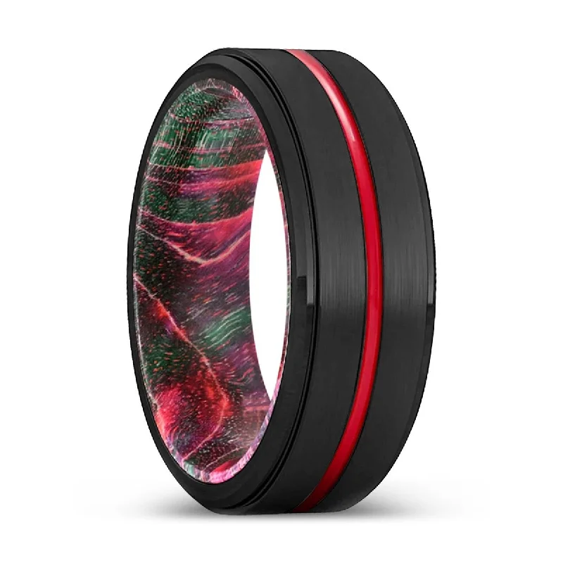 eco-conscious rings for women-RUSTY | Green & Red Wood, Black Tungsten Ring, Red Groove, Stepped Edge