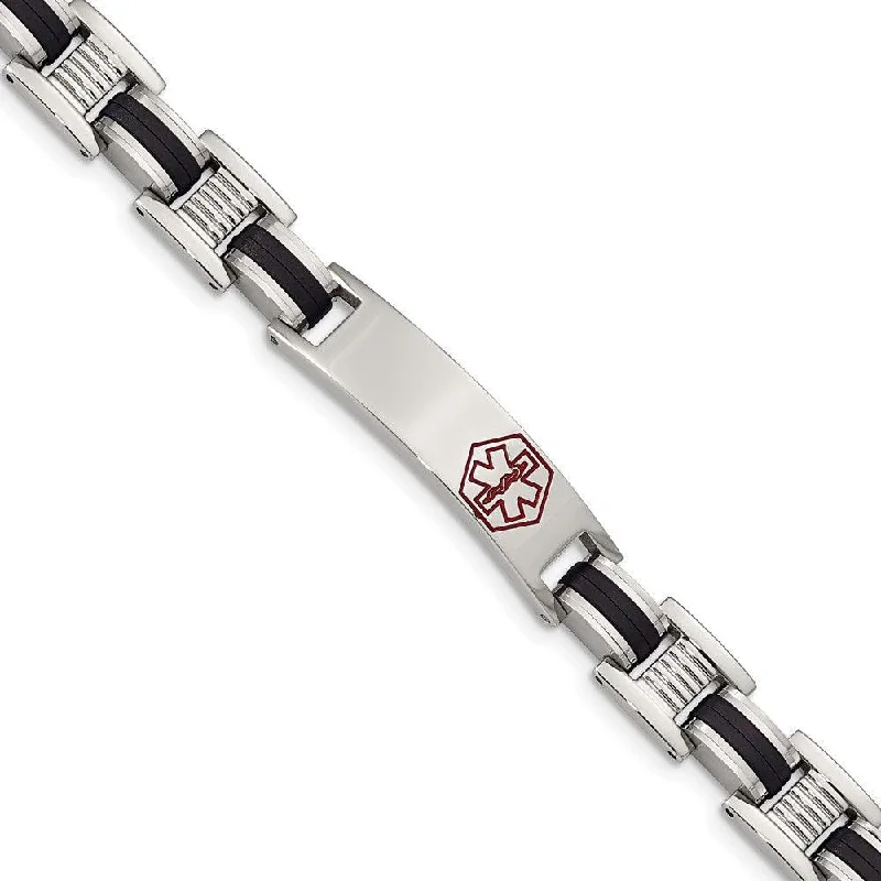 luxury diamond bracelets for women-Stainless Steel Black Rubber Red Enamel 8in Medical Bracelet