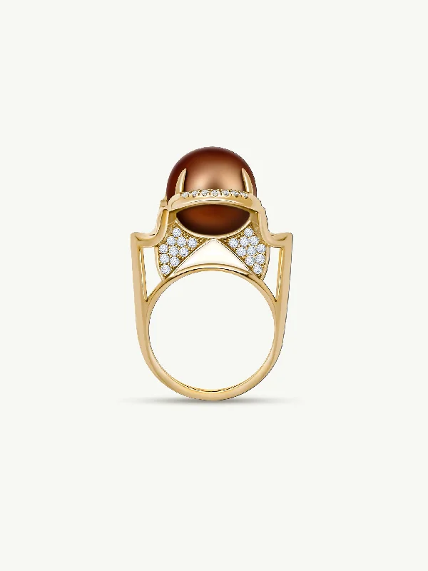 minimalistic rings for women-Isis Goddess Ring With Japanese Akoya Chocolate Pearl & Pavé-Set Brilliant White Diamonds In 18K Yellow Gold