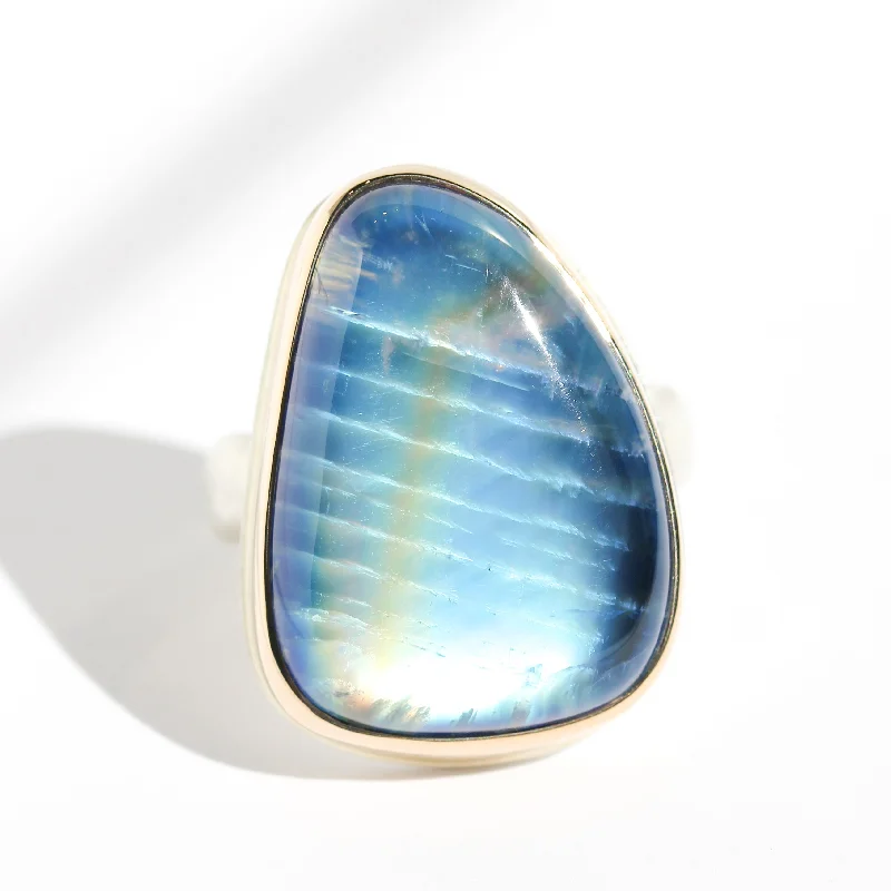 gold diamond rings for women-Blue Rainbow Moonstone Ring