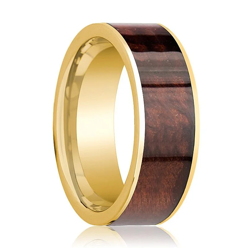 solitaire rings for women-Men's Flat 14k Yellow Gold Wedding Band with Red Wood Inlay Polished Finish - 8MM