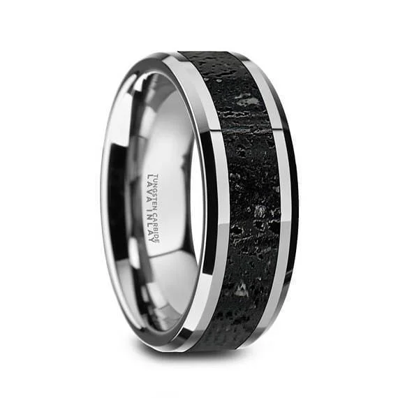 affordable engagement rings for women-Theo Men's Domed Tungsten Black & Grey Lava Rock Stone Wedding Band - 8mm