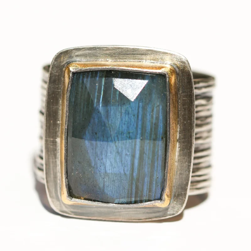 statement rings for women-Rectangular Labradorite Ring with Wide Band