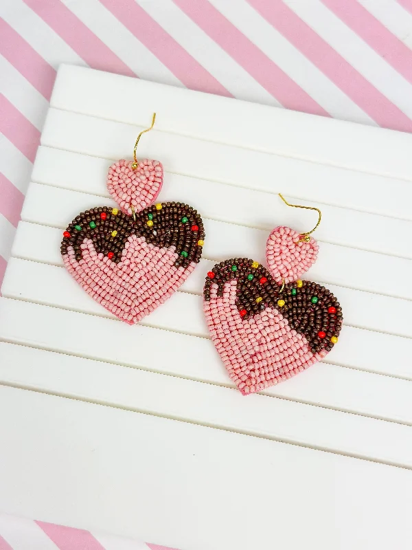 long earrings for women-Chocolate Heart Beaded Dangle Earrings - Pink