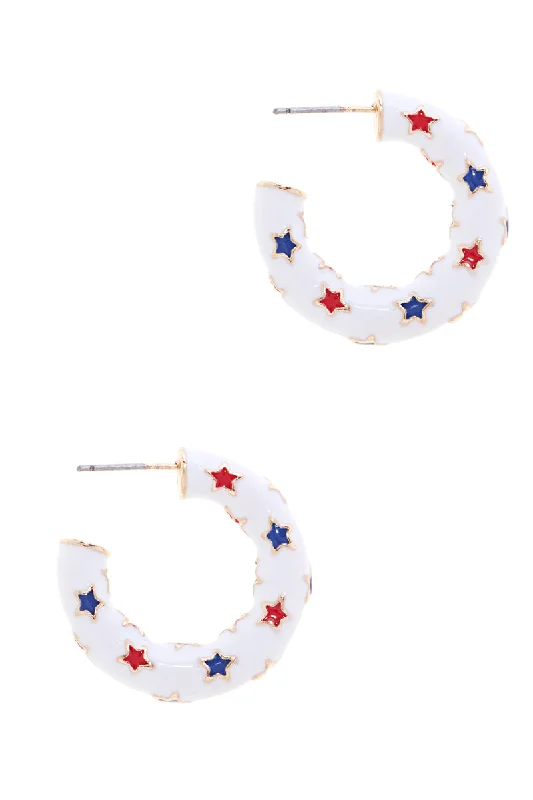 minimalist earrings for women-Red, White, & Blue Enamel Star Hoop Earrings