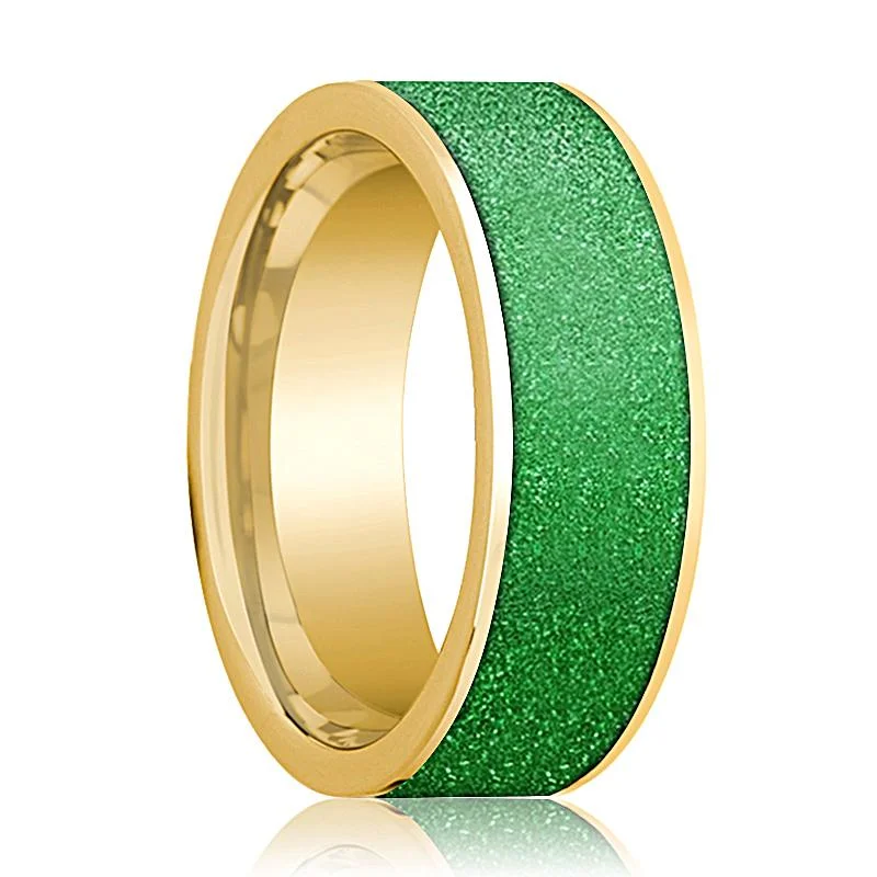 handmade rings for women-Men's 14k Yellow Gold Wedding Band With Textured Green Inlay Flat Polished Design - 8MM