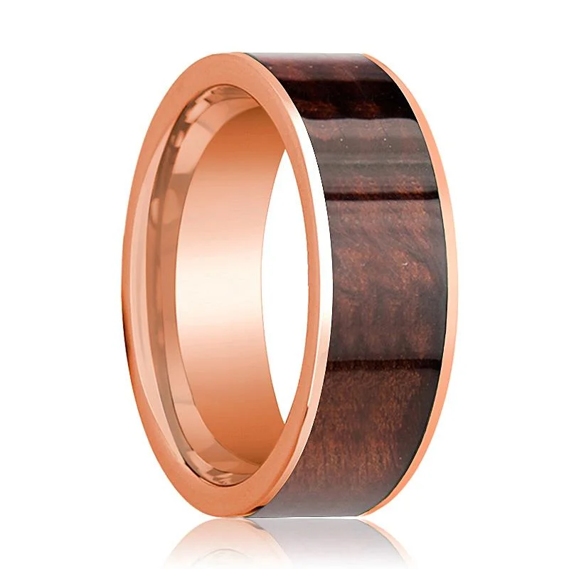 eternity rings for women-Red Wood Inlaid Men's 14k Rose Gold Wedding Band with Flat Edges - 8MM