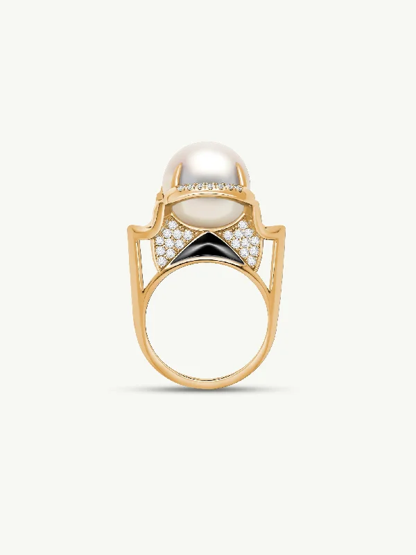 engagement rings for women-Isis Goddess Ring With White South Sea Pearl & Pavé-Set Brilliant White Diamonds In 18K Yellow Gold