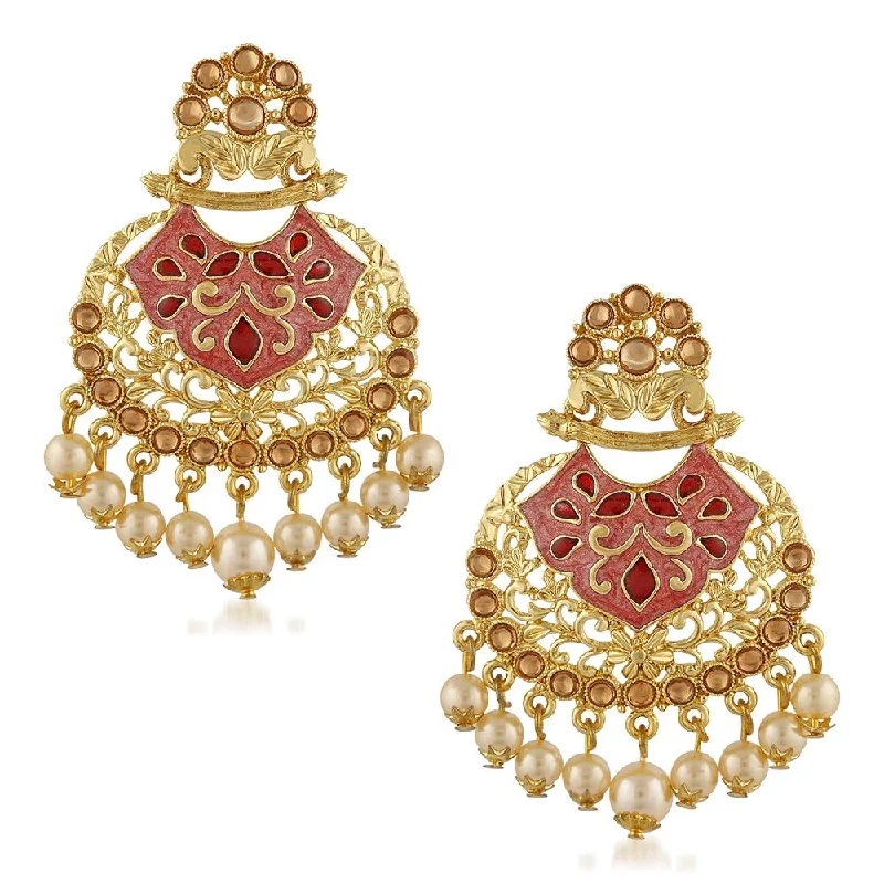 birthday gift earrings for women-Mahi Traditional Dangler Earrings with Artifical Pearl Red Meenakariwork for Women (ER1109704G)