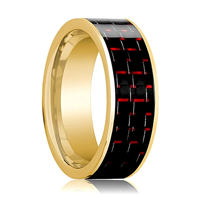 solitaire rings for women-Men's 14k Yellow Gold Flat Wedding Ring with Black & Red Carbon Fiber Inlay Polished Finish - 8MM