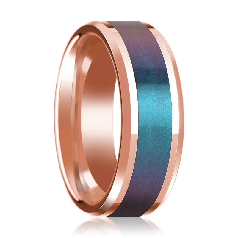 eco-friendly rings for women-Blue and Purple Color Changing Inlaid 14k Rose Gold Wedding band for Men with Beveled Edges Polished Finish - 8MM