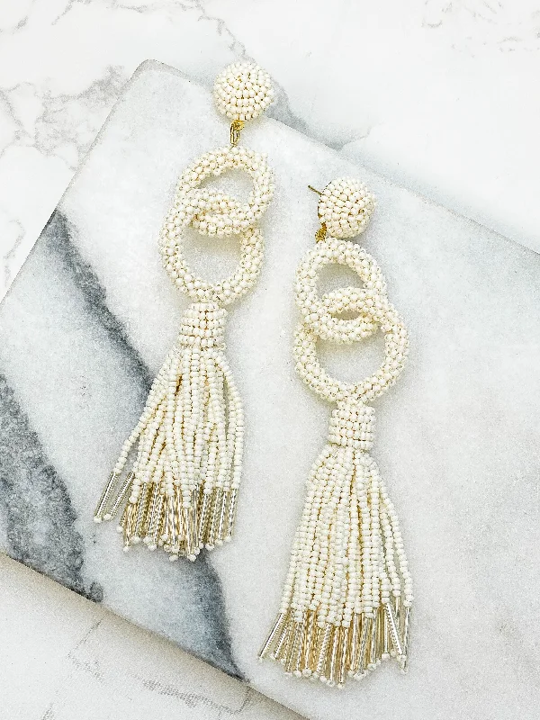 hoop diamond earrings for women-Seed Bead Linked Tassel Earrings - White