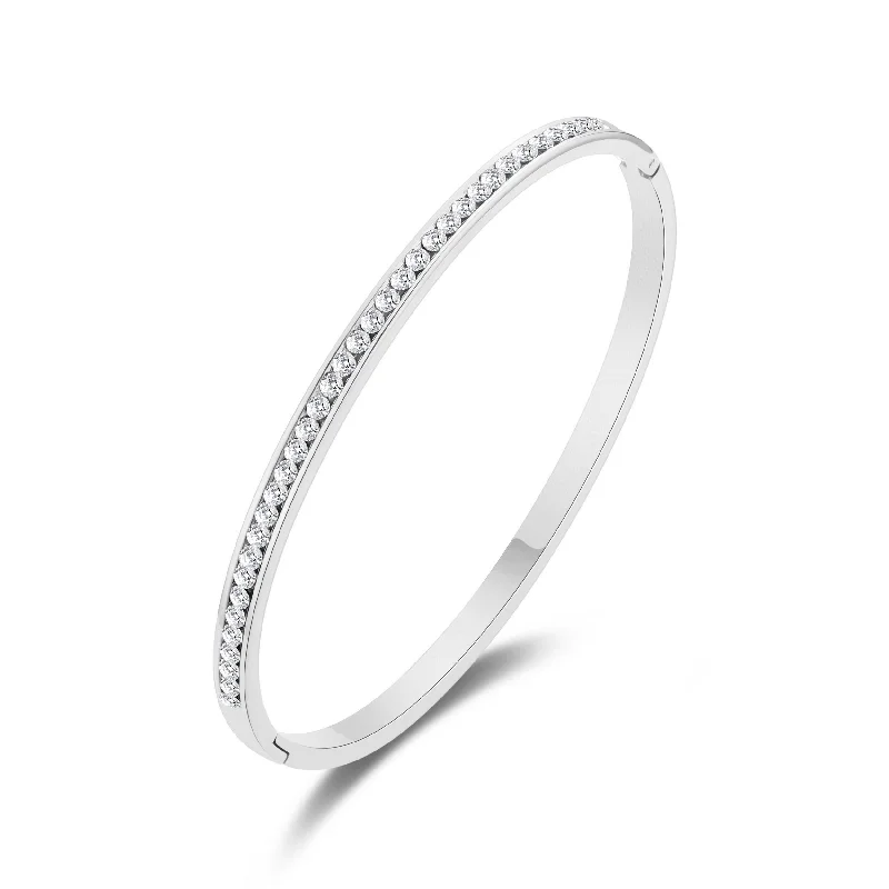 fashion bangles for women-Stainless Steel Channel Set Bangle Created with Zircondia® Crystals (7 Inch)