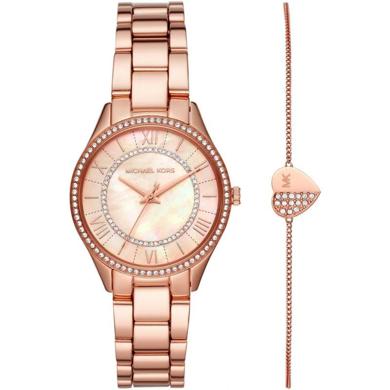 simple bracelets for women-Michael Kors Ladies Lauryn Rose Gold Watch & Bracelet Gift Set MK4491