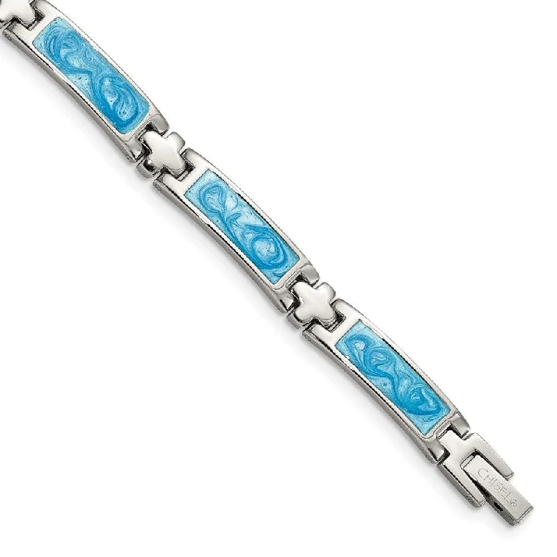 stretch bracelets for women-Stainless Steel Blue Enamel 7.25in Bracelet