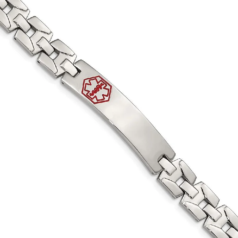 adjustable bracelets for women-Stainless Steel Brushed & Polished Red Enamel 8in Medical Bracelet