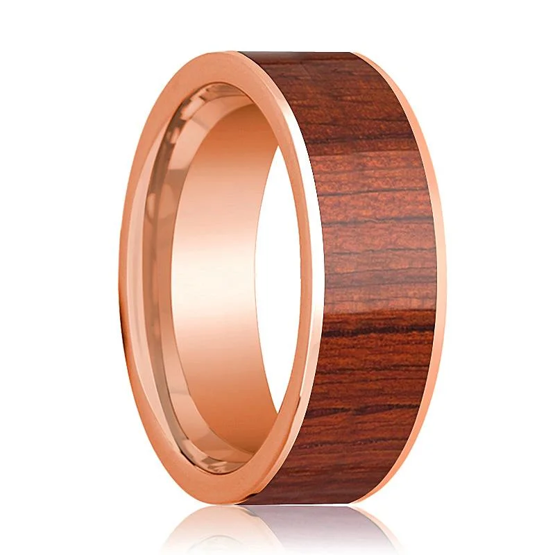 heart-shaped rings for women-Polished 14k Rose Gold Men's Wedding Band with Padauk Wood Inlay - 8MM