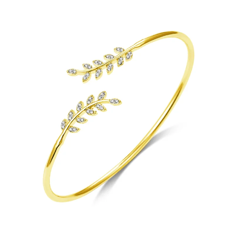 friendship bracelets for women-Gold Plated Leaf Bangle Created with Zircondia® Crystals