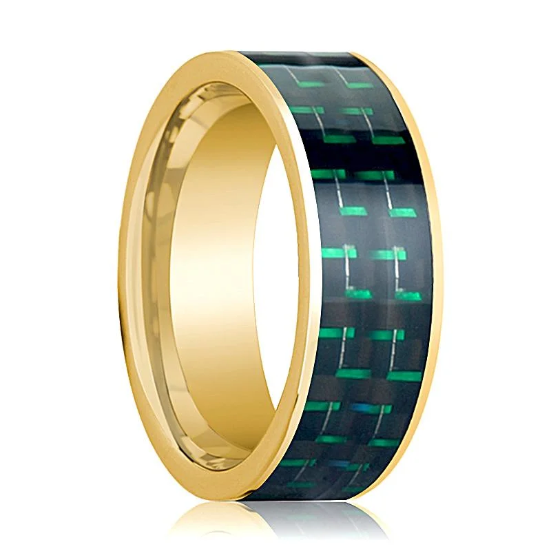 promise rings for women-Black and Greene Carbon Fiber Inlaid Flat 14k Yellow Gold Men's Wedding Band Polished - 8MM