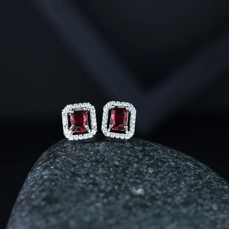 multi-colored earrings for women-Etnico Valentine's Special Silver Plated Red CZ & American Diamond Beautiful Studs Earrings for Women / Girls (E3066ZR)