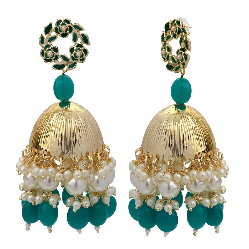 stunning earrings for brides-Mahi Beautifully Dark Green Emelled Pearl Drop Ethnic Floral Jhumka Earring for Women (ER1109819GDGre)