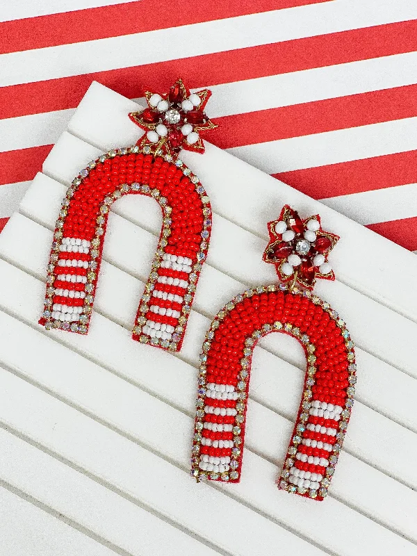 dazzling hoop earrings for women-Game Day Beaded Arch Dangle Earrings - Red & White