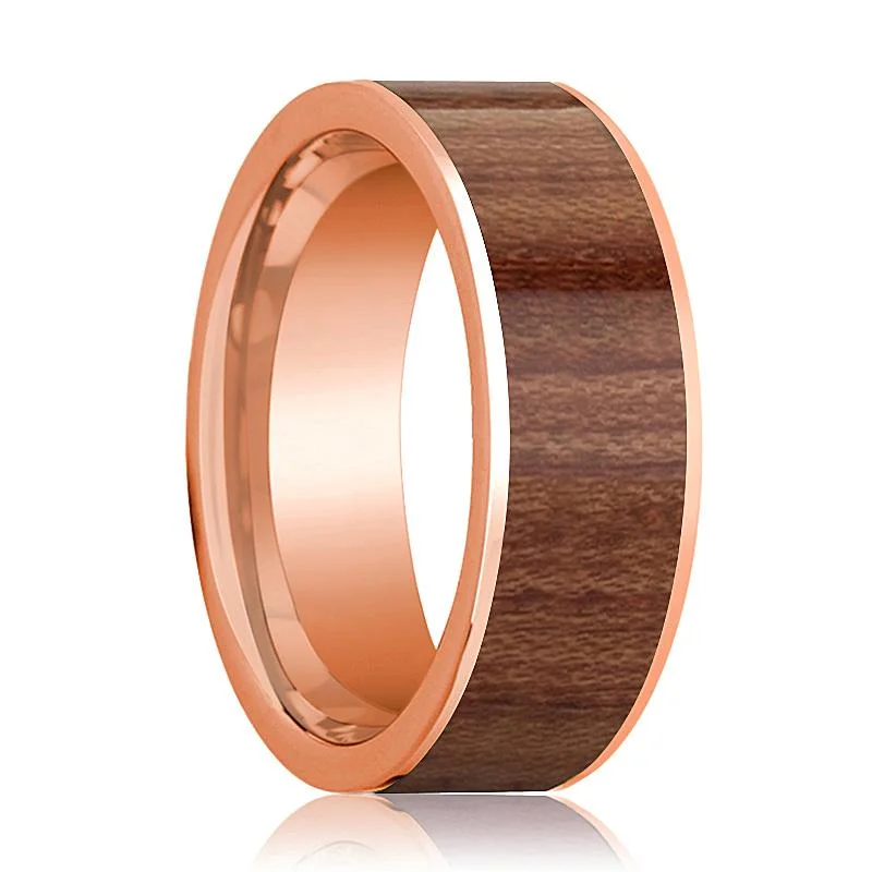 fashion rings for women-Men's Flat 14k Rose Gold Wedding Band with Rose Wood Inlay Polished Finish - 8MM