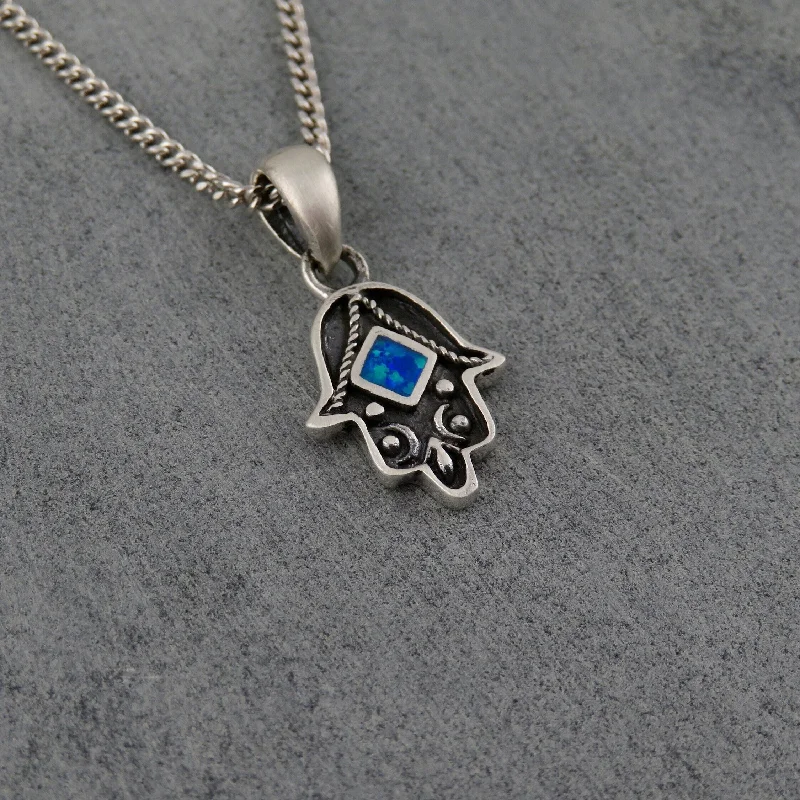 chic gold necklaces for women-Artful Blue Opal Hamsa Necklace