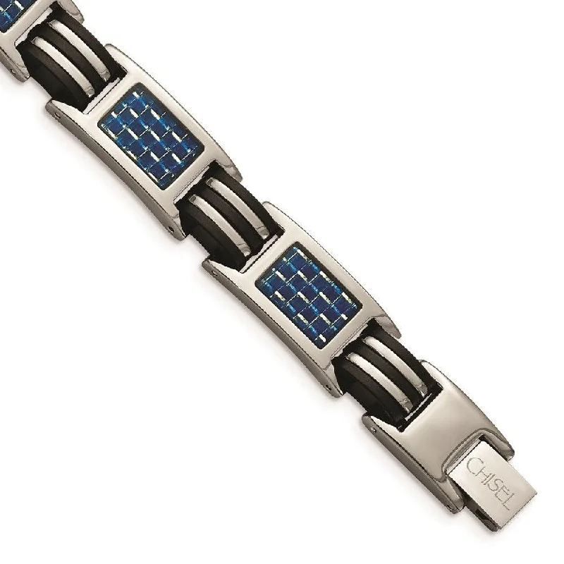 designer bracelets for women-Titanium Polished w/ Blue Carbon Fiber Inlay & Rubber Bracelet