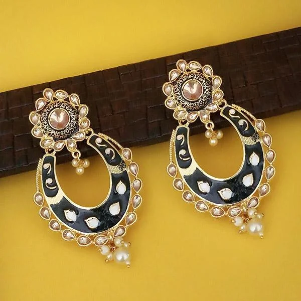 statement crystal earrings for women-Kriaa Black Meenakari Kundan Gold Plated Dangler Earrings - 1316327F